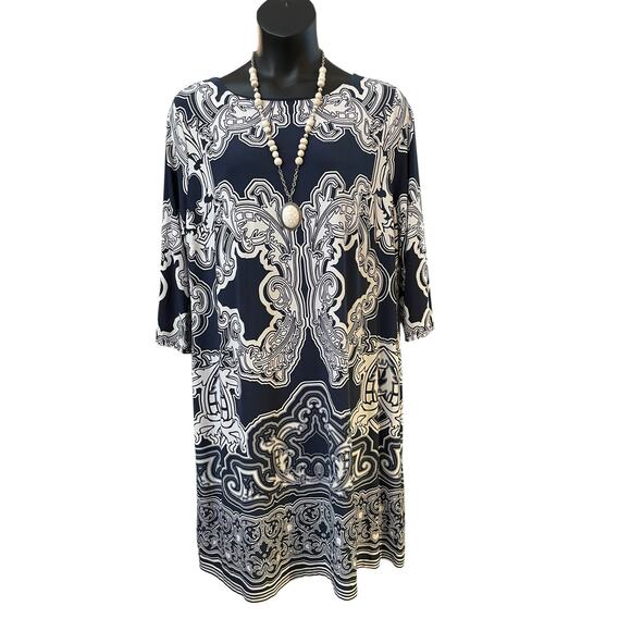 INC Plus Size 3X Navy & White Scroll Print Dress – Boat Neck, 3/4 Sleeve - Picture 2 of 6